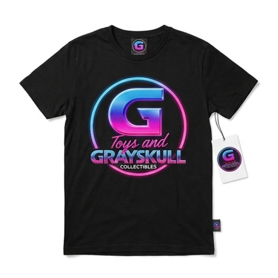Black Grayskull Toys graphic t-shirt featuring a retro synthwave logo design.