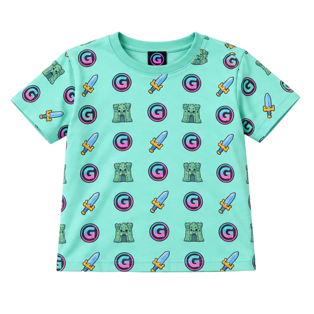 Mint green Grayskull Kids graphic t-shirt with colorful G logo and sword patterns.