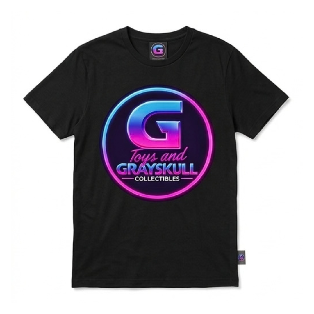 Black Grayskull Toys graphic t-shirt featuring a retro synthwave logo design.