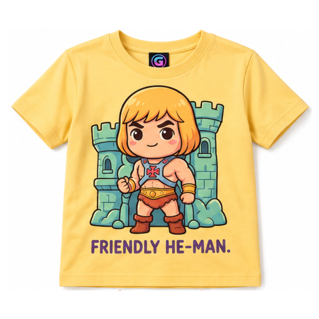 Yellow kids graphic t-shirt featuring a cartoon He-Man character and castle design.