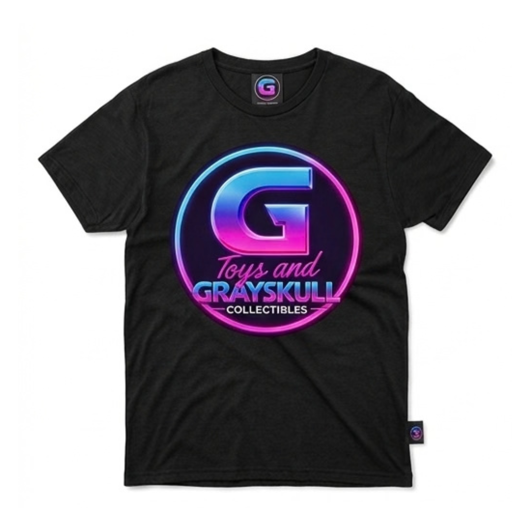 Black Grayskull Toys graphic t-shirt featuring a retro synthwave logo in blue and pink neon.
