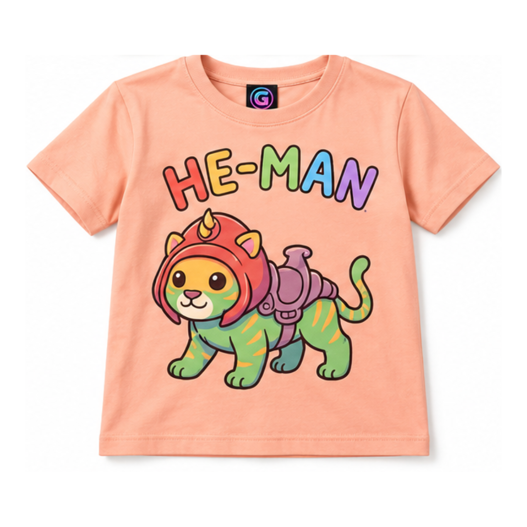 Peach Grayskull Kids graphic T-shirt featuring a colorful He-Man tiger cartoon illustration.