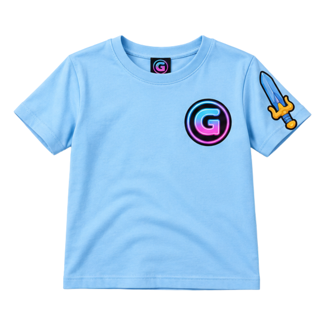 Light blue Grayskull kids graphic t-shirt featuring a colorful G logo and sword design.