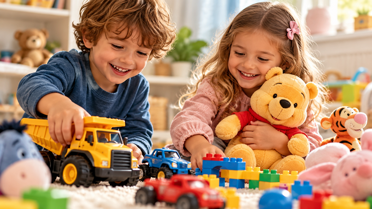 Smiling young children playing with a yellow toy dump truck, building blocks, and plush toys.