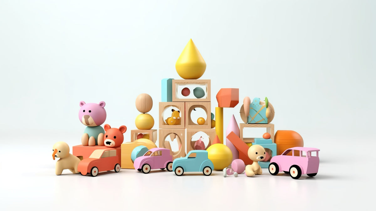 Colorful wooden baby toys including teddy bears, toy cars, and building blocks on a white surface.