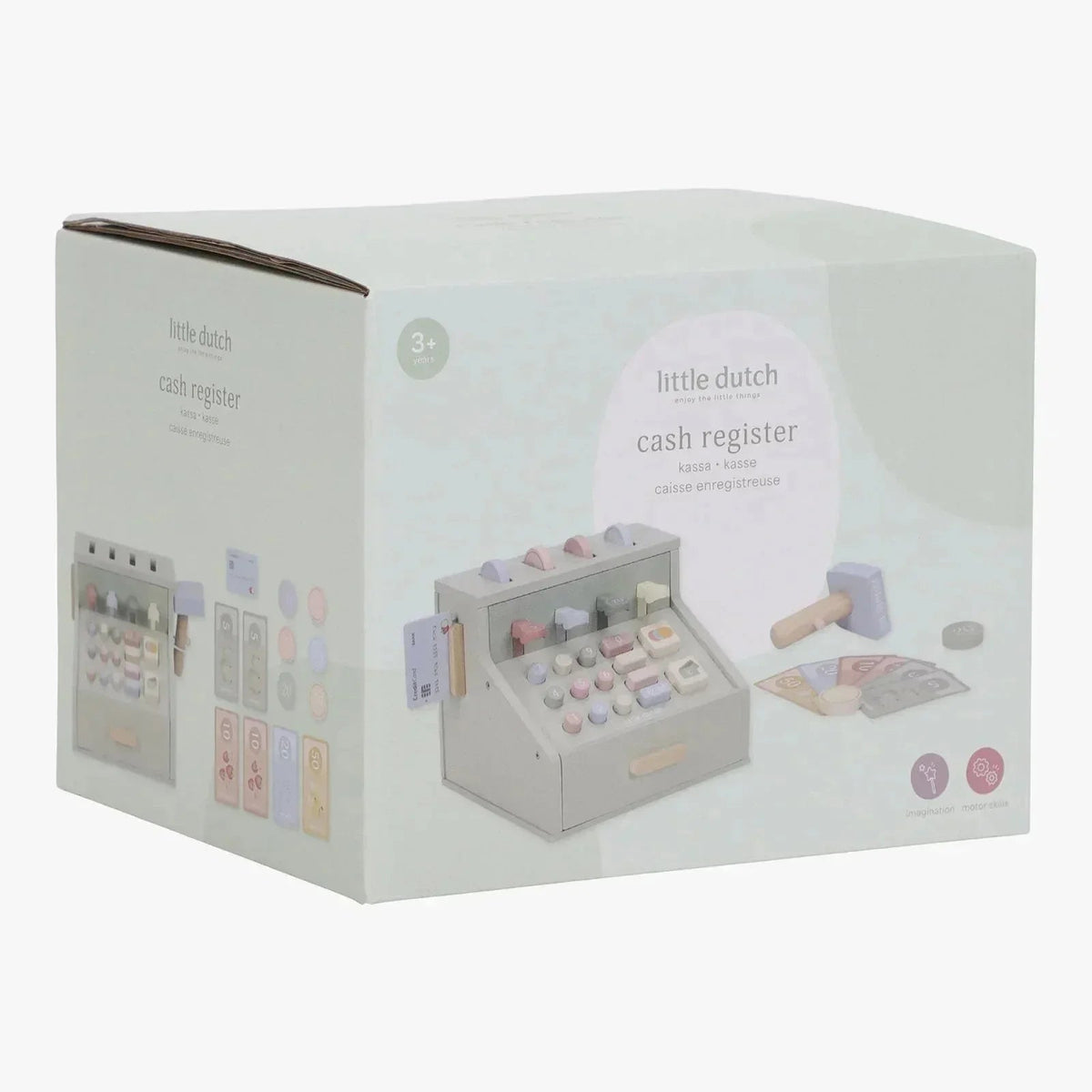 Little Dutch wooden cash register toy in its original packaging box.