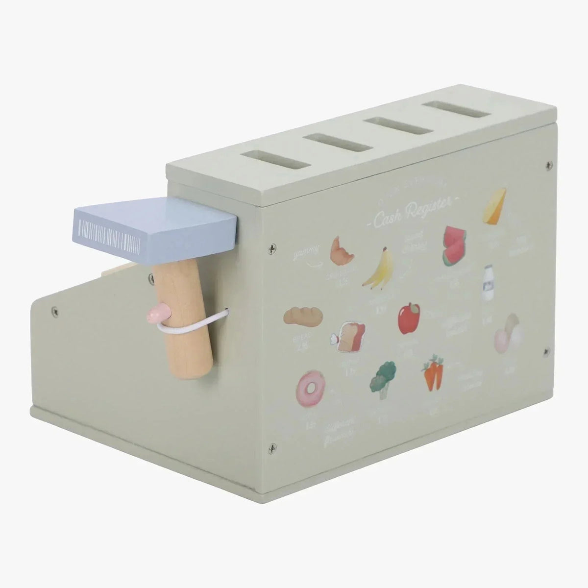 Little Dutch wooden toy cash register with scanner and food illustrations.