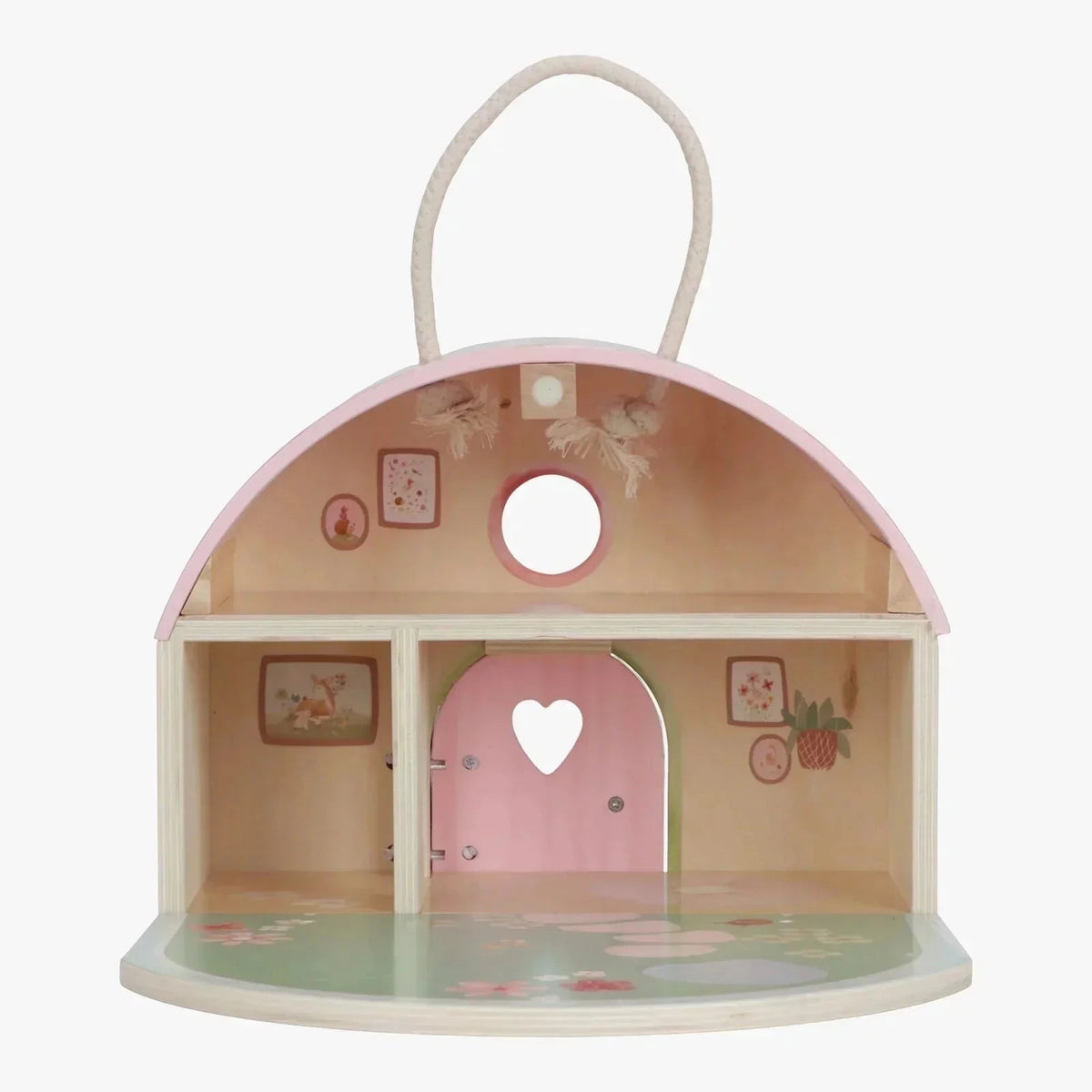 Little Dutch Fairy House & Garden wooden playset with pink accents and rope handle.
