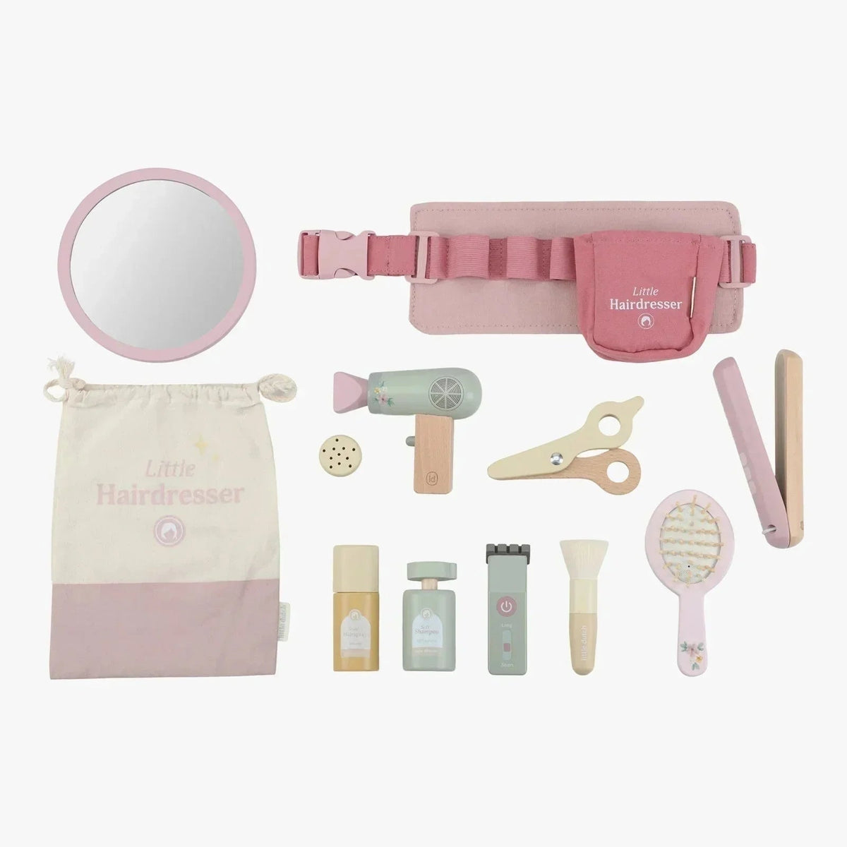 Little Dutch Hairdresser Set with wooden toy tools, pink mirror, and storage bag.