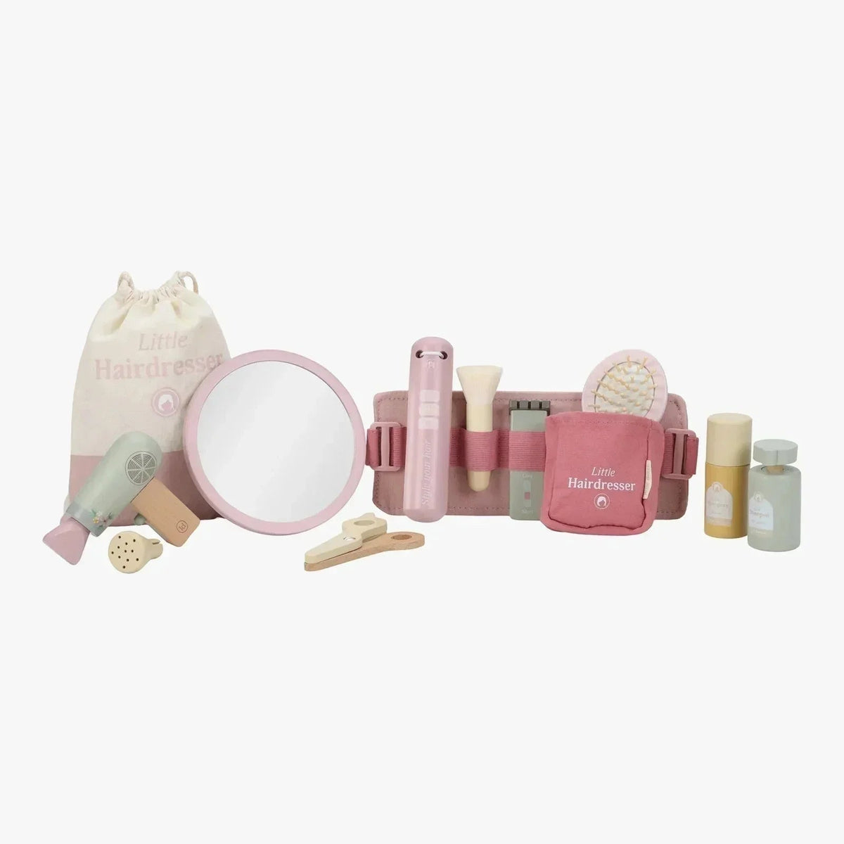 Little Dutch Hairdresser Set featuring wooden hair styling toys and a pink tool belt.