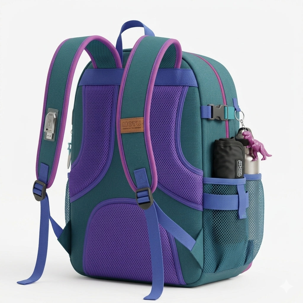 Teal and purple Grayskull kids backpack with mesh side pockets and adjustable straps.