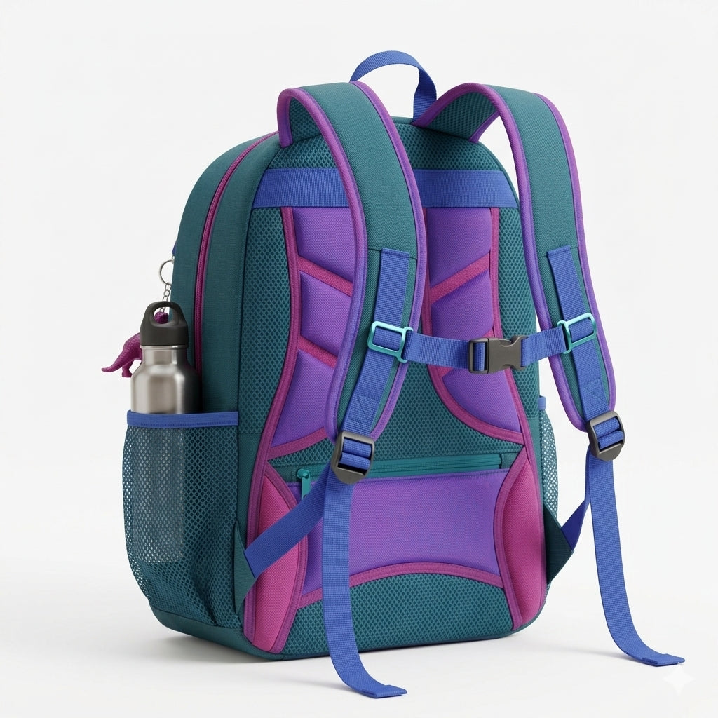 Grayskull lightweight teal and purple school backpack with water bottle side pocket.
