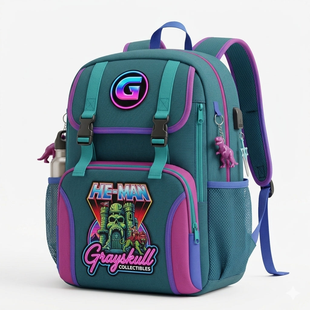 Grayskull Kids Backpack in teal and purple with He-Man graphic design.