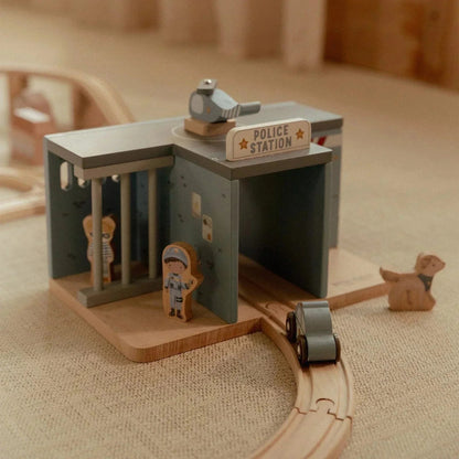 Little Dutch Police Station wooden toy playset with figures and toy car.