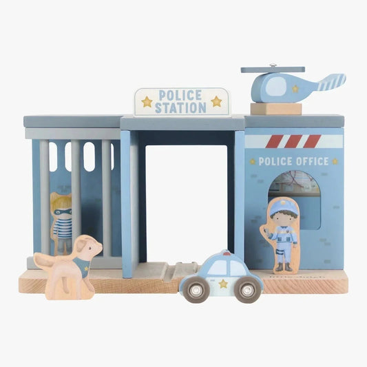Little Dutch wooden police station toy set with helicopter, police car, and figures