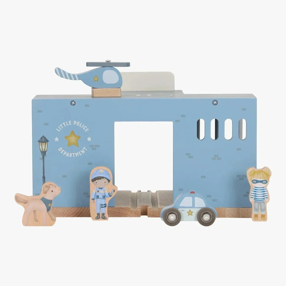 Little Dutch Police Station wooden toy set with helicopter, car, and figures.