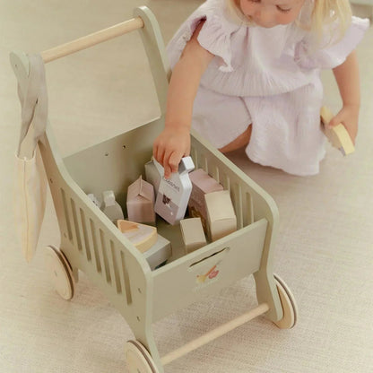 Little Dutch wooden shopping cart toy with play food for toddlers.