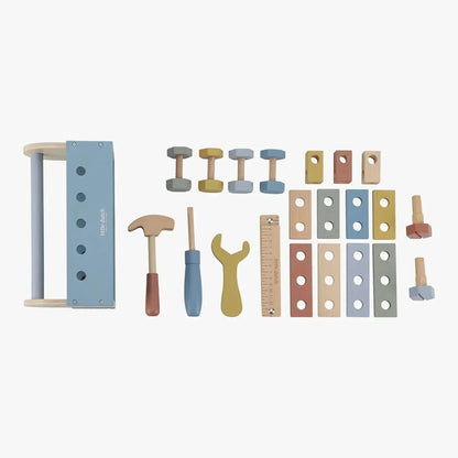 Little Dutch wooden tool set with hammer, screwdriver, wrench, and colorful nuts and bolts