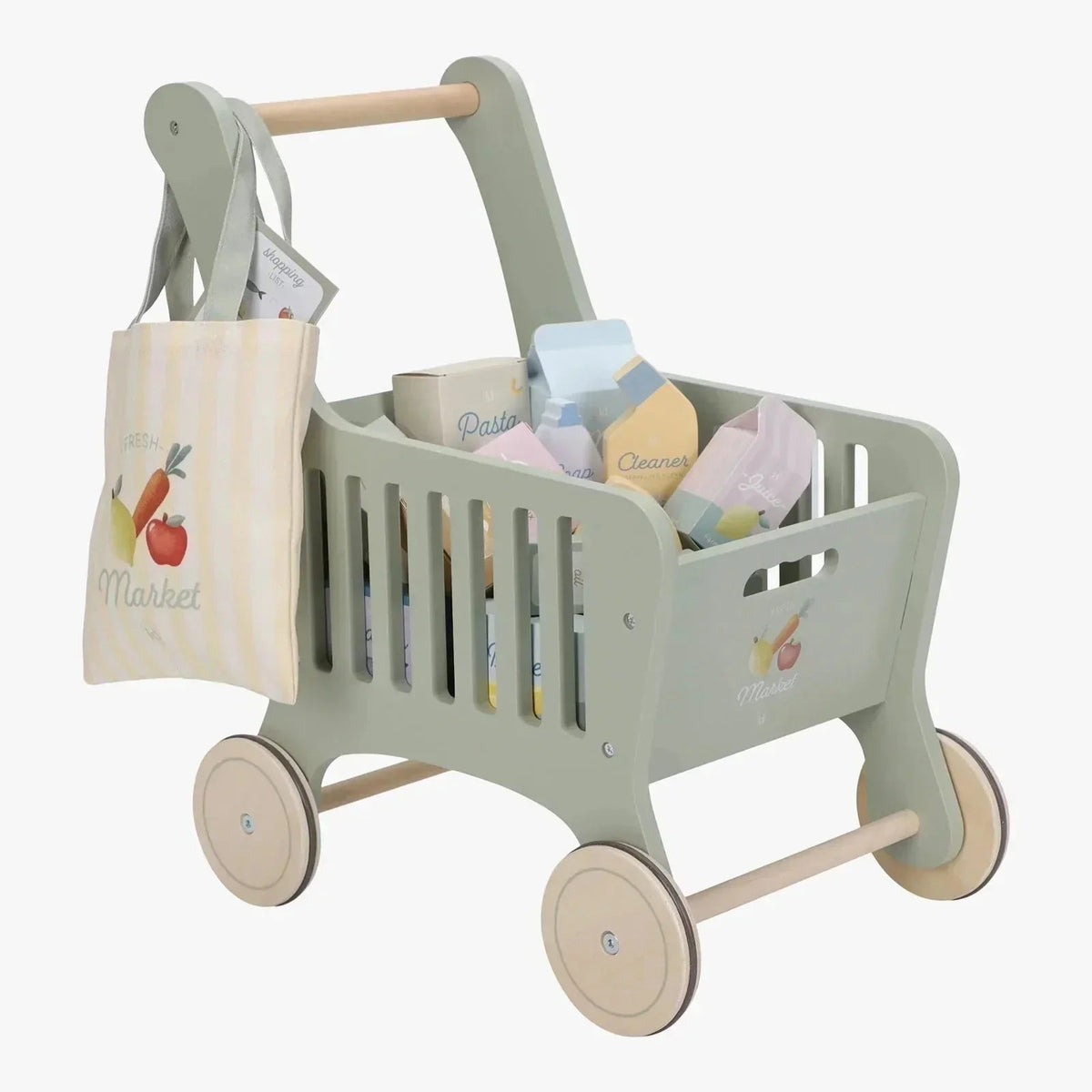 Little Dutch wooden shopping cart toy with market bag and play groceries.