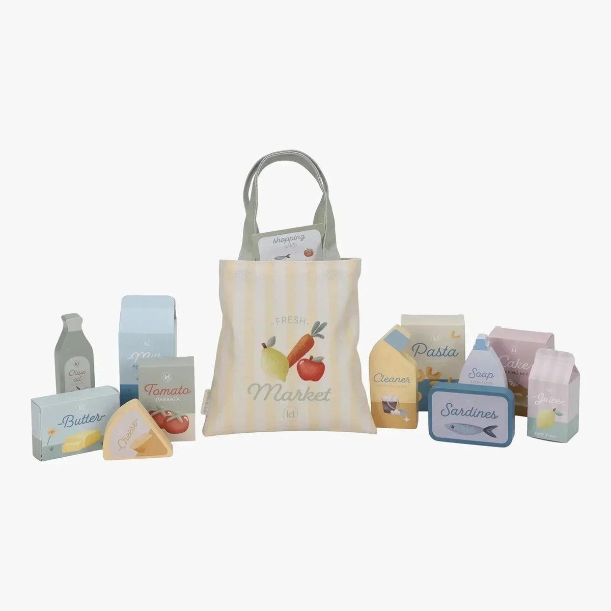 Little Dutch wooden toy grocery set with shopping bag and play food items.