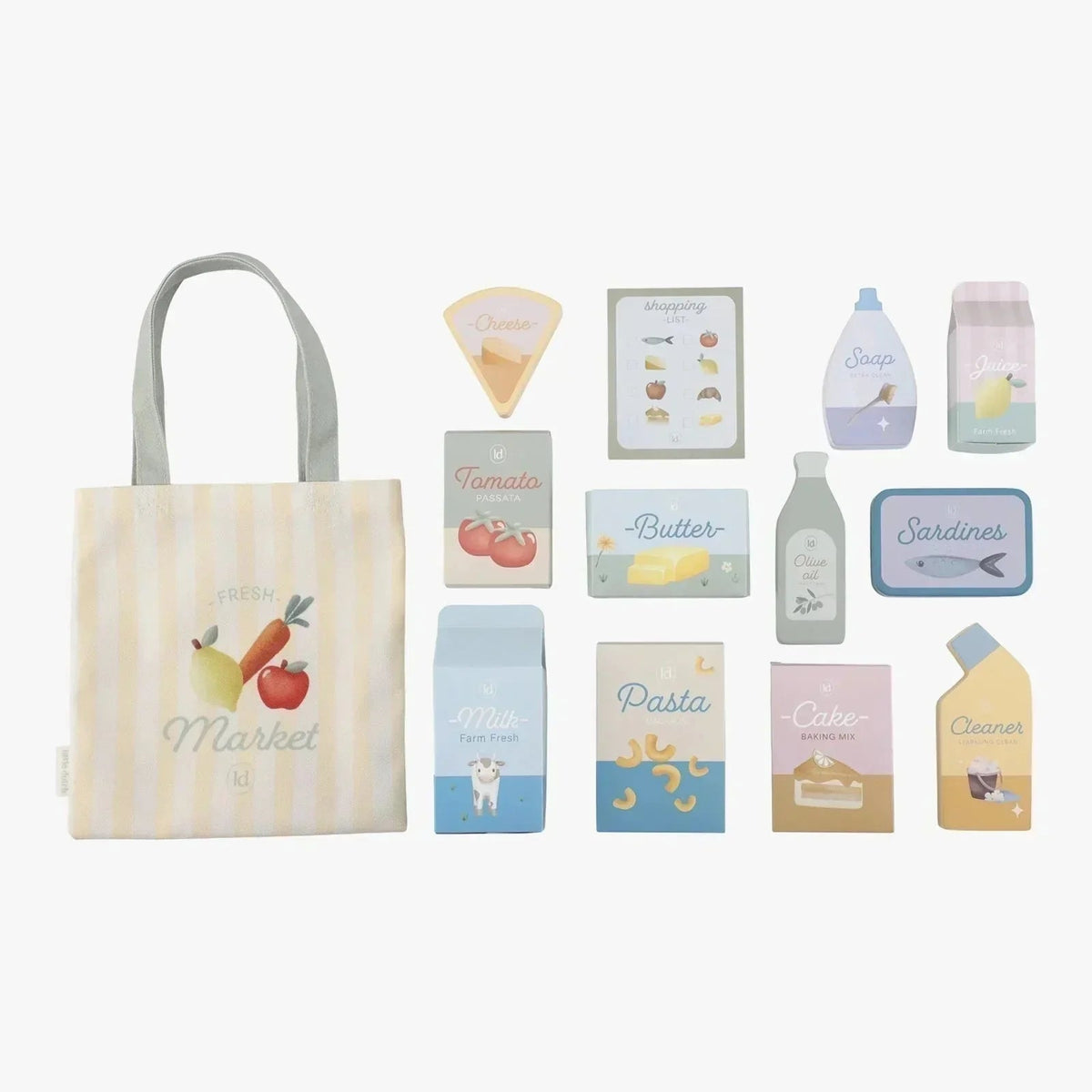 Little Dutch wooden shopping cart play food set with market tote bag and grocery items.
